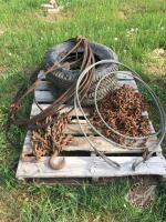 2 unused tires 8.25x15, cables, chain, 2 tire chains