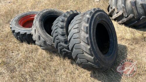 (4) Skid steer tires - assorted sizes, 1 with a rim