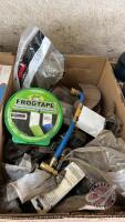 Misc box of fittings, filters, brake pads, AC filler hose etc.