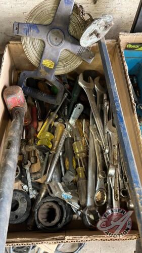 crow bar, wrenches, hammer, screw drivers, sockets, nut drivers, 165' tape measure