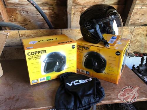 K43, (2) New in box Never Used - Cooper Half Shell Motorcycle Helmets w/ Visors *** In Office Shed ***