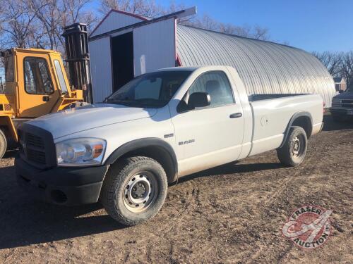 K59, 2008 Dodge Ram 1500 2WD Truck, 271,659 KMS showing, VIN: 1D7HA16208J141662, SAFETIED, Owner: Rourke Farms LTD, Seller: Fraser Auction_______________, ***Keys & TOD in Office Trailer***