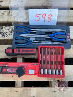 Snap-On flashlight with charger<br/>Snap-On long Allen wrench sockets 3/8 drive saw<br/>Blue Poimt needle nose pliers set all complete like new