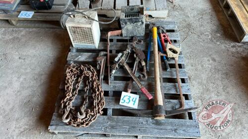 Pallet with heater, bolt cutters, chain, come along, saw, pick axe, misc