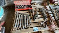 Pallet of tools, wrenches, hammers, 3/4” ratchet and sockets, 48” pipe wrench