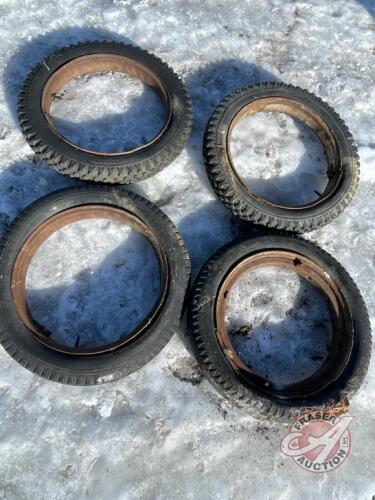 Lot of 4 - Vintage Tires & Rims 4.40/4.50-20 - 4 ply<br/>Atlas Snow/Mud<br/>Crest Smooth