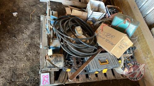 Pallet lot - Quick cut power hacksaw, Heavy Duty extension cord, Bunch of Electric Fence insulators, Koster Moisture tester, Asst tools, Fence tighteners