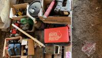 Pallet lot - Big red shop stool, Rechargeable grease gun, 3/4" Impact wrench, Bunch of asst fluids (Oil etc), Big 3/4" Socket Set