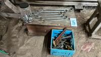 Wrenches, sockets, misc tools and wooden box