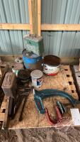 Vulmaster press and antique pails and fencer