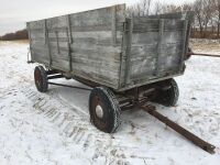 *old wooden grain box w/side chute on 4-wheel wagon