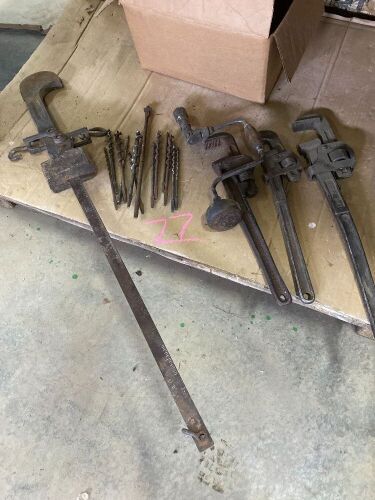 (3) pipe wrenches, Brace-N-bits, beam scale