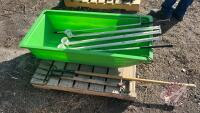 Pallet w/ Poly calf sleigh, (2) Hot shot sorting sticks, (3) Grain sample scoops, 3 tine fork, 5 tine fork