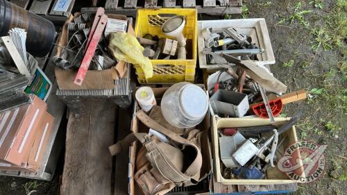Pallet w/ 3 jaw puller, 4 jaw puller, Carpenter&rsquo;s apron, pick up teeth, grease gun, hammers, springs