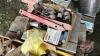 Pallet w/ 3 jaw puller, 4 jaw puller, Carpenter&rsquo;s apron, pick up teeth, grease gun, hammers, springs - 5