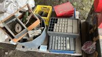 Pallet w/ asstd empty part bins, tractor fender lights, sickle changer/riveter