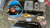 Pallet w/ asstd hand tools, skill saw, jig saws, reciprocating saws, electric impact drill, angle grinder, shop creeper