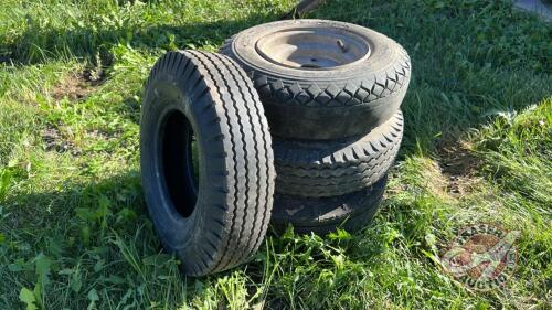 (4) Used 4.80-8 tires, 3 on rims, 1 no rim