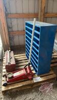 Pallet lot w/ 72 compartment metal bolt bin (empty), 3.5 tonne floor jack, toolbox with open end wrenches (up to 2”)