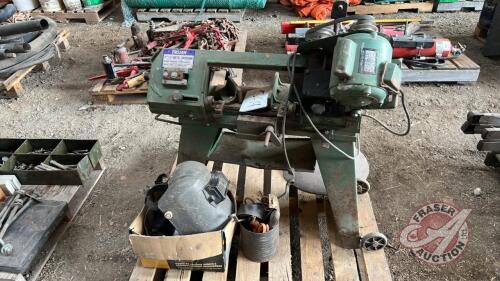 Pallet w/ Trojan 4&rdquo; x 6&rdquo; metal cutting band saw, Welding helmets, Shop stand