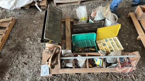 Pallet w/ metal ammo box, Asst&rsquo;d tools, Wooden carpenters box, Misc hardware, Pails of nails, Deck screws, Assortment of grease nipples, Toolbox w/punches and chisels, Asst&rsquo;d wrenches