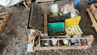 Pallet w/ metal ammo box, Asst’d tools, Wooden carpenters box, Misc hardware, Pails of nails, Deck screws, Assortment of grease nipples, Toolbox w/punches and chisels, Asst’d wrenches