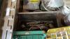 Pallet w/ metal ammo box, Asst&rsquo;d tools, Wooden carpenters box, Misc hardware, Pails of nails, Deck screws, Assortment of grease nipples, Toolbox w/punches and chisels, Asst&rsquo;d wrenches - 7