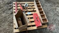 Pallet w/ 3 pt hitch draw bar, Asst’d filters, Drill bits, Pliers, Red metal toolbox (empty)