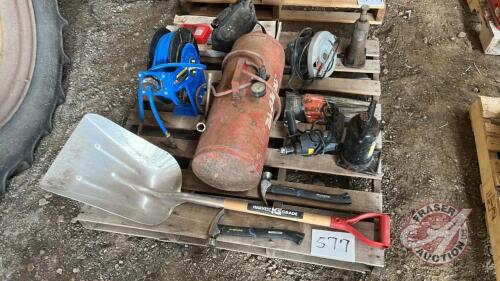 Pallet w/ portable air tank, Air hose reel, drill bits, skill saw, 20 tonne bottle jack, grain scoop, hammers, File set, drill, barrel pump