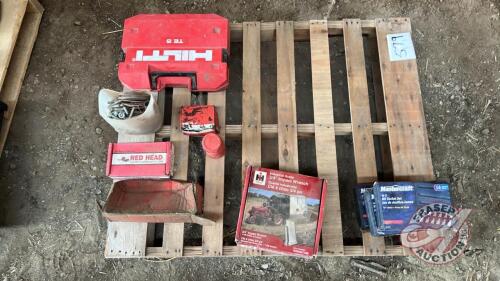 Pallet w/ Hilti hammer drill, ¾” air impact gun (New), Red head concrete anchor bolts, 3 bit socket sets