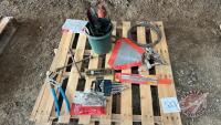 Pallet w/ Hyd bottle jack, Jobmate combination wrenches, 3 jaw puller, Slide lock pliers, Slow moving sign, Socket holders, 3/8” power impact driver