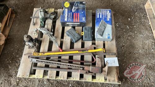 Pallet w/ Mastercraft ½” elec impact ( Brand new in box), Mastercraft Maxuum ½” drive impact sockets (Brand new in box), (2) cases Mastercraft bit sockets, Jackall jack, Cable come along, Bottle jack, Big Fat Max wrecking bar, Various bars