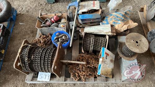 Pallet w/ several part rolls of roller chain (various sizes), angle grinder and grinder discs, logging chain, joiner links and half links for roller chain