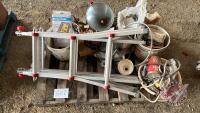 Pallet w/ Combination step ladder, Electrical plug ins, funnel, asst’d wiring, booster cables