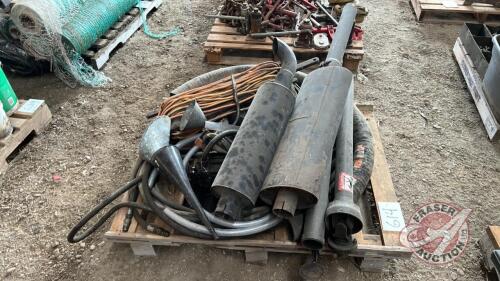 Pallet w/ pto shafts, tractor mufflers, extension cord, hyd hose, hyd cylinder, belting