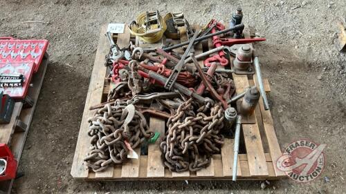 Pallet w/ load binders (bear trap style and ratchet style), ratchet straps, bottle jacks, heavy duty logging chains