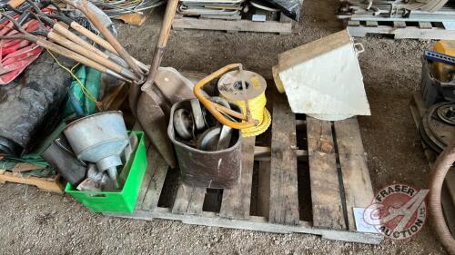 Pallet w/ roll of 1” rope, buck saw, auger hopper, asst’d grain scoops, castor wheels