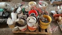 Pallet w/ asst’d nuts and bolts, (5) pails of bin bolts, eye bolts