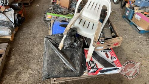 Pallet w/ lawn chairs, S/S sink, aerator shoes, garage screen curtain, shop creeper (new in box), Bully receiver hitch step