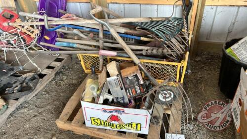 Pallet w/ yard wagon, rakes, shovels, forks, auger bits, hay cutter knives, weeders, hoes, edgers