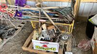 Pallet w/ yard wagon, rakes, shovels, forks, auger bits, hay cutter knives, weeders, hoes, edgers