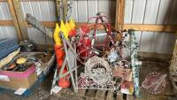 Pallet w/ Christmas decorations, plastic Santa, light up Santa, Christmas lights, start ornaments, plastic candles w/ lights, Wagon wheel cover