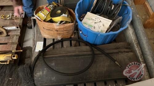 Pallet w/ Roll of rubber slat canvas, Tub of roller chain (Asst&rsquo;d sizes and lengths), Part spool of electrical wire, Box of (6) 4&rdquo; winch straps and (2) 2&rdquo; Ericson ratchet straps (Asst&rsquo;d sizes and lengths; (6) 4&rdquo; and (2) 2&rdquo; Ericson ratchet straps)