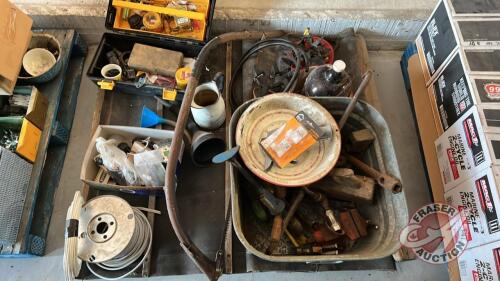 Pallet w/ Galvanized wash tub full of old tools, brace and bits, planes, vices, Little brown jug, enamel basin, funnels, wire, electrical pig tails, bale elevator chain, plastic toolbox.