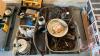 Pallet w/ Galvanized wash tub full of old tools, brace and bits, planes, vices, Little brown jug, enamel basin, funnels, wire, electrical pig tails, bale elevator chain, plastic toolbox.