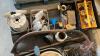 Pallet w/ Galvanized wash tub full of old tools, brace and bits, planes, vices, Little brown jug, enamel basin, funnels, wire, electrical pig tails, bale elevator chain, plastic toolbox. - 3