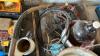 Pallet w/ Galvanized wash tub full of old tools, brace and bits, planes, vices, Little brown jug, enamel basin, funnels, wire, electrical pig tails, bale elevator chain, plastic toolbox. - 6