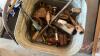 Pallet w/ Galvanized wash tub full of old tools, brace and bits, planes, vices, Little brown jug, enamel basin, funnels, wire, electrical pig tails, bale elevator chain, plastic toolbox. - 7