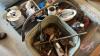Pallet w/ Galvanized wash tub full of old tools, brace and bits, planes, vices, Little brown jug, enamel basin, funnels, wire, electrical pig tails, bale elevator chain, plastic toolbox. - 8