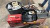 Pallet w/ (2) bench top tool boxes (empty), plastic tool box w/ barn door track parts, plastic toolbox w/ hose clamps, steel chainsaw blade, pressure washer wand nozzle, (2) imp jacks, (2) sets of booster cables, asst&rsquo;d farm chemicals (full jug of Grazon 